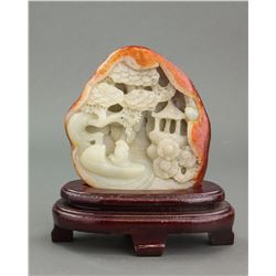 Hetian Green Jade Caved Boulder with Wood Stand