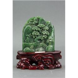 Chinese Hetian Green Jade Carved Boulder with Cert