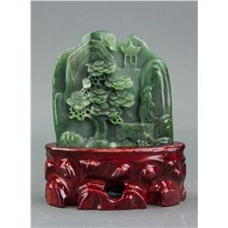 Chinese Hetian Green Jade Carved Boulder with Cert