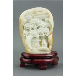 Chinese Hetian White Jade Carved Boulder with Cert