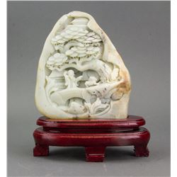 Chinese Hetian White Jade Carved Boulder with Cert