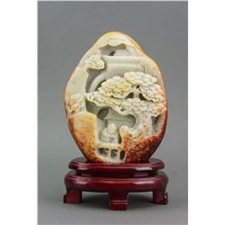 Chinese White Jade Carved Boulder with Wood Stand