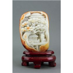 Chinese White Jade Carved Boulder with Wood Stand