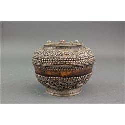 Tibetan Silver and Wood Round Box