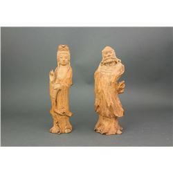 Chinese Wood Caved Guanyin and Bodhidharma