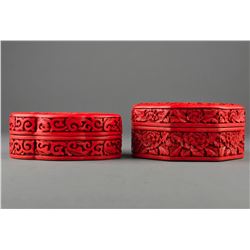 Set of Two Chinese Carved Cinnabar Lacquer Boxes