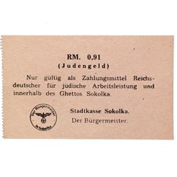 SOKOLKA POLAND JEWISH GHETTO 91PF NOTE
