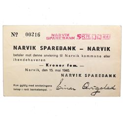 GERMAN OCCUPATION NORWAY 1940 5KR NARVIK SPAREBANK NOTE