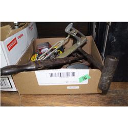 Box of Assorted Tools (Nail puller; Rasp; Horseshoes, etc.)