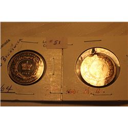 1861; 1864 New Brunswick One Cent (2) 1861 is Damaged