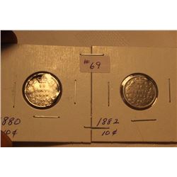Silver 10 Cents (2) 1880H; 1882H (1882 is Damaged)
