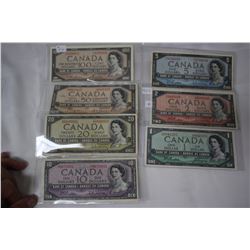 Cdn. 100, 50, 20, 10, 5, 2, 1 (7) Bills - 1954