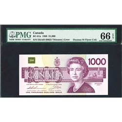 Bank of Canada, 1988, $1000, BC-61a, issued, Queen Elizabeth on right, Thiessen | Crow signatures,