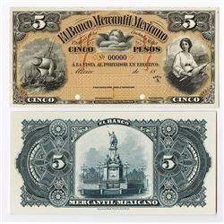 Banco Mercantil Mexicano, ca.1882 Proof Face and back Banknotes.