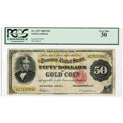 U.S. Gold Certificate, $50, Series of 1882, Small Red Seal, Fr#1197 Issued Banknote.