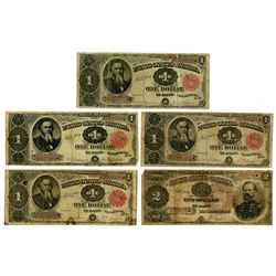 U.S. Treasury Note Assortment, $1, Series of 1890 (1) and 1891 (3) and $2 Series of 1890.