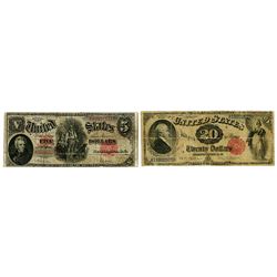 U.S. Legal Tender Banknote Pair, $20, Series of 1880, Fr#142 and 1907, $5, Fr#91.