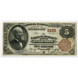 National Shawmut Bank of Boston, Massachusetts, $5, 1882, 2nd Charter Brown Back, Ch#5155.