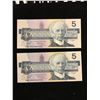 Image 1 : 1986 BANK OF CANADA $5.00 NOTES!2 NOTES IN SEQUENCE!