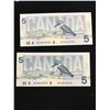 Image 2 : 1986 BANK OF CANADA $5.00 NOTES!2 NOTES IN SEQUENCE!