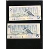 Image 2 : 1986 BANK OF CANADA $5.00 NOTES!2 NOTES IN SEQUENCE!