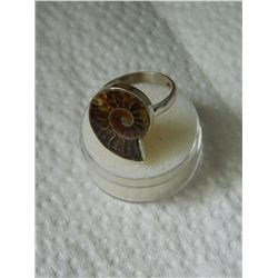 RING - CUSTOM DESIGNED AMMONITE IN STERLING SILVER SETTING - APPROX. 1 X 1" - STAMPED 925 -  RETAIL 