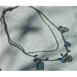 VINTAGE NECKLACE - BLUE BEADS  - HEART, SQUARE AND OVAL PENDANTS ACCENTED WITH RHINESTONES