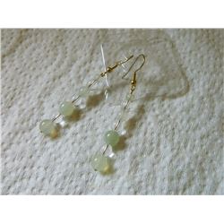 EARRINGS - NATURAL GREEN AVENTURINE GEMSTONE BEADS & CLEAR BEADS - APPROX.2" LONG - GOLD FINISHED ST