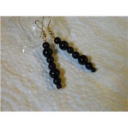 EARRINGS - BLACK ONYX GEMSTONE BEADS - APPROX.2" LONG - GOLD FINISHED STAINLESS STEEL SHEPHARD HOOKS