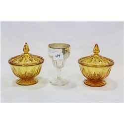 TWO AMBER GLASS LIDDED MINT DISHES AND EARLY GOBLET