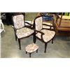 Image 1 : PAIR OF MAHOGANY UPHOLSTERED PARLOUR CHAIRS AND SMALL FOOTSTOOL