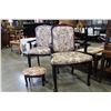 Image 2 : PAIR OF MAHOGANY UPHOLSTERED PARLOUR CHAIRS AND SMALL FOOTSTOOL