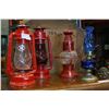 Image 1 : LOT OF RED METAL LANTERNS AND BLUE GLASS OIL LAMP