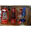 Image 2 : LOT OF RED METAL LANTERNS AND BLUE GLASS OIL LAMP