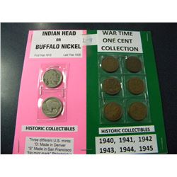 HISTORIC COLLECTIBLE BUFFALO & INDIAN HEAD NICKELS/WAR TIME ONE CENT COIN COLLECTION 1940-1945