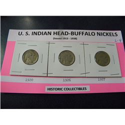 HISTORIC COLLECTIBLE 1920,1926,1927 U.S. INDIAN HEAD/BUFFALO NICKEL COINS