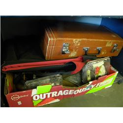 BOX OF MISC & TRAVEL CASE