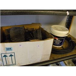 BOX OF COIL NAILS/BUCKET OF WALLCOVERING ADHEISIVE/PRESSURE WASHER HOSE