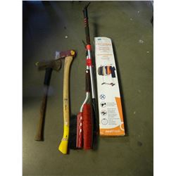LOT OF GARMIT STORAGE/2 CLEANING BRUSHES/AXE/DOUBLE BLADED AXE