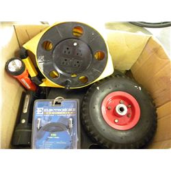 BOX OF MISC POWER CORDS/FLASHLIGHTS/TIRE