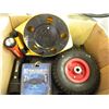 Image 1 : BOX OF MISC POWER CORDS/FLASHLIGHTS/TIRE