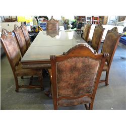 MATCHING WOOD CARVED GLASS TOP DINING TABLE SET WITH 8 CHAIRS