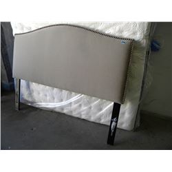 BEIGE MICROFIBER STUDDED QUEEN HEADBOARD..