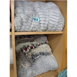 2 GREY THROW RUGS & LOT OF SHAWLS