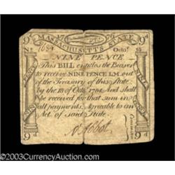 Massachusetts October 18, 1776 9d Very Fine.