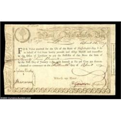 Massachusetts January 1780 Treasury Certificate Extremely Fine.