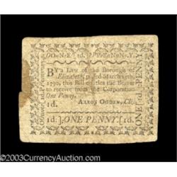 New Jersey Borough of Elizabeth March 25, 1790 1 penny Very Fine.