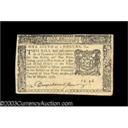 New York March 5, 1776 $1/6 Extremely Fine.