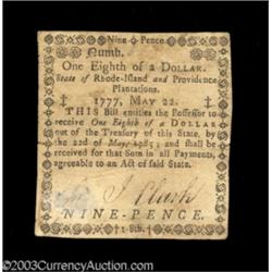 Rhode Island May 22, 1777 $1/8 Very Fine, Repaired.