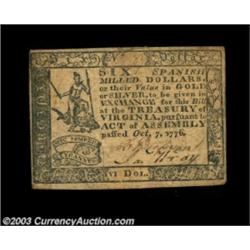 Virginia October 7, 1776 $6 Extremely Fine.